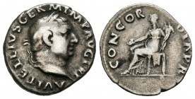 Vitelio. Denario. 69 d.C. Roma. (Spink-2196). (Ric-90). Rev.: CONCORDIA PR. Concordia sentada a izquierda con pátera y cuerno de la abundancia. Ag. 3,...