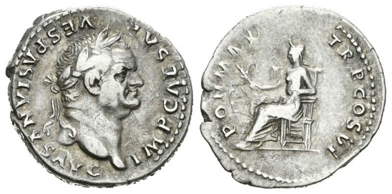 Vespasiano. Denario. 75 d.C. Roma. (Spink-2301). (Ric-90). Rev.: PON MAX TR P CO...