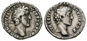 Antonino Pío y Marco Aurelio. Denario. 141 d.C. Roma. (Spink-4524). (Ric-417a). Anv.: Cabeza laureada de Antonino Pío a derecha. Rev.: Cabeza desnuda ...