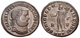 Galerio Maximiano. Follis. 300-01 d.C. Antioquía. (Spink-14380). (Ric-55b). Rev.: GENIO POPVLI ROMANI. Genio en pie a izquierda con plato y cuerno de ...