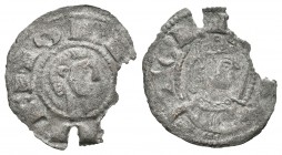 Reino de Castilla y León. Alfonso VIII (1158-1214). Dinero. Toledo. (Abm-154). Ve. 0,37 g. Cospel faltado. Escasa. MBC-. Est...50,00.