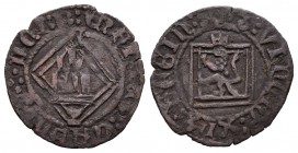 Reino de Castilla y León. Enrique IV (1454-1474). Blanca de rombo. Cuenca. (Bautista-1081.2). Ve. 0,85 g. León coronado y cuenco bajo el castillo. MBC...