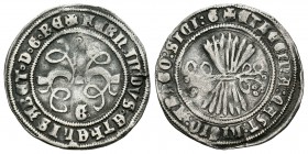Fernando e Isabel (1474-1504). 1/2 real. Granada. (Cal-445 varianate). (LF-E4.2.5.1). Ag. 1,57 g. Con G en anverso. MBC+. Est...120,00.