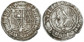 Fernando e Isabel (1474-1504). 1 real. Granada. (Cal-318). Ag. 3,39 g. Escudo entre montes flordelisados. MBC. Est...90,00.