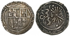 Fernando e Isabel (1474-1504). 1 real. Granada. R. (Cal-328). Ag. 3,42 g. Escudo entre G y R. MBC. Est...50,00.