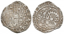 Fernando e Isabel (1474-1504). 1 real. Granada. R. (Cal-331). Ag. 3,37 g. Escudo entre R-G. BC+. Est...50,00.