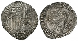 Fernando e Isabel (1474-1504). 1 real. Granada. (Cal-335). Ag. 3,44 g. Con R en anverso y G en reverso. MBC. Est...85,00.