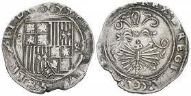 Fernando e Isabel (1474-1504). 4 reales. Sevilla. (Cal-219). Ag. 13,42 g. Escudo entre IIII y S. Ensayador d cuadrada en reverso. Escasa. MBC-. Est......