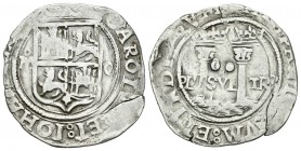 Juana y Carlos (1504-1555). 2 reales. México. (Cal-121). Ag. 6,70 g. Escudo entre M-O. Leve doble acuñación en anverso. Grieta. BC+. Est...80,00.