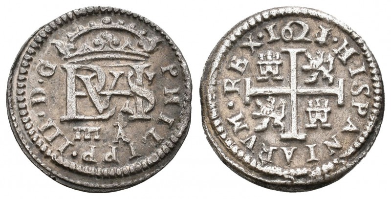Felipe III (1598-1621). 1/2 real. 1621/0. Segovia. A. (Cal-574). Ag. 1,63 g. Esc...