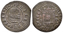 Felipe IV (1621-1665). 16 maravedís. 1662. Burgos. R. (Cal-1259). (Jarabo-Sanahuja-M2). Ae. 4,39 g. Busto grande. Final de riel. MBC+/MBC. Est...20,00...