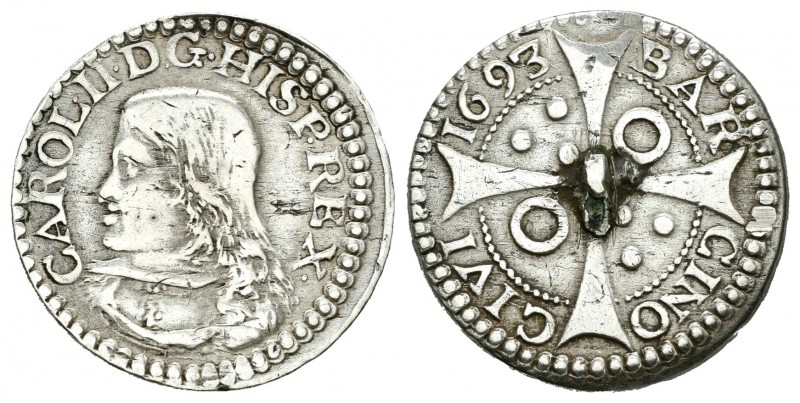 Carlos II (1665-1700). 1 croat. 1693. Barcelona. (Cal-669). Ag. 2,55 g. Resto de...