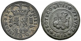 Felipe V (1700-1746). 4 maravedís. 1719. Zaragoza. (Cal-2024). Ae. 9,03 g. MBC. Est...40,00.