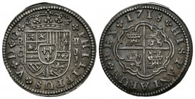 Felipe V (1700-1746). 2 reales. 1718. Cuebca. JJ. (Cal-1161). Ag. 5,93 g. Bonito ejemplar. EBC-. Est...130,00.