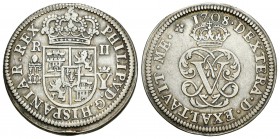 Felipe V (1700-1746). 2 reales. 1708. Segovia. (Cal-1381). Ag. 4,94 g. Palma izquierda sobre derecha. MBC. Est...70,00.