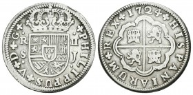 Felipe V (1700-1746). 2 reales. 1724. Sevilla. J. (Cal-1426). Ag. 5,11 g. Golpecito en el canto. MBC-. Est...45,00.