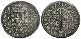 Felipe V (1700-1746). 4 reales. 1718. Sevilla. M. (Cal-1143). Ag. 11,08 g. Con 2 flores de lis en escudo. MBC-/MBC. Est...110,00.