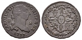 Carlos III (1759-1788). 2 maravedís. 1777. Segovia. (Cal-1919). Ae. 2,50 g. MBC+. Est...30,00.