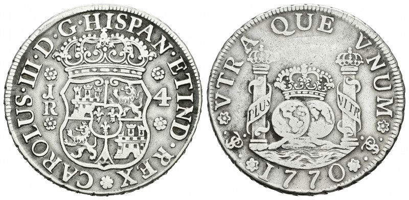 Carlos III (1759-1788). 4 reales. 1770. Potosí. JR. (Cal-1172). Ag. 13,22 g. Gol...