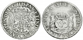 Carlos III (1759-1788). 4 reales. 1770. Potosí. JR. (Cal-1172). Ag. 13,22 g. Golpe en el canto. Rara. MBC. Est...160,00.