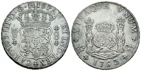 Carlos III (1759-1788). 8 reales. 1763/2. México. MF. (Cal-895). Ag. 26,85 g. Limpiada. MBC. Est...200,00.