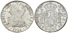 Carlos III (1759-1788). 8 reales. 1788. México. FM. (Cal-942). Ag. 26,98 g. Ligeras adherencia en anverso. Gran parte de brillo original. EBC+. Est......