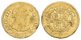 Carlos III (1759-1788). 1/2 escudo. 1783. Madrid. JD. (Cal-774). Au. 1,77 g. Golpes. BC. Est...80,00.