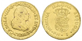 Carlos III (1759-1788). 1 escudo. 1762. Popayán. J. (Cal-668). Au. 3,32 g. Ha estado en aro. BC+. Est...180,00.