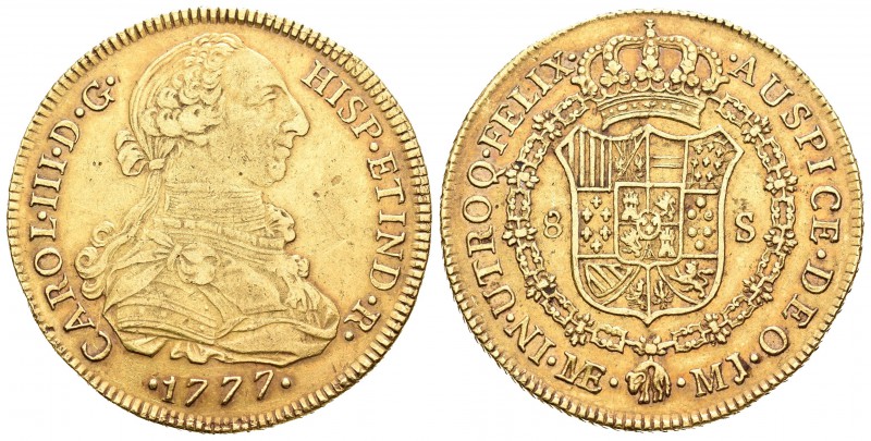Carlos III (1759-1788). 8 escudos. 1777. Lima. MJ. (Cal-32). (Cal onza-700). Au....