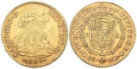 Carlos III (1759-1788). 8 escudos. 1777. Lima. MJ. (Cal-32). (Cal onza-700). Au. 26,94 g. MBC+. Est...1000,00.