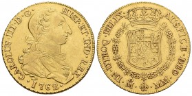 Carlos III (1759-1788). 8 escudos. 1762. México. MM. (Cal-73). (Cal onza-744). Au. 26,99 g. Tipo "cara de rata". Sin indicación de valor. Muy rara. MB...