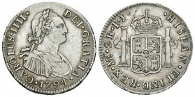 Carlos IV (1788-1808). 2 reales. 1794. Lima. IJ. (Cal-941). Ag. 6,73 g. MBC. Est...50,00.
