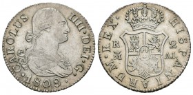 Carlos IV (1788-1808). 2 reales. 1808. Madrid. R. (Cal-980). Ag. 6,00 g. Rayitas de ajuste. MBC+. Est...45,00.
