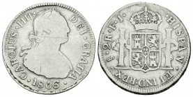 Carlos IV (1788-1808). 2 reales. 1806. Santiago. FJ. (Cal-1053). Ag. 6,22 g. Escasa. BC. Est...50,00.