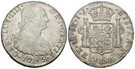 Carlos IV (1788-1808). 8 reales. 1795. Lima. IJ. (Cal-650). Ag. 27,48 g. Golpecitos en el canto. MBC+. Est...110,00.