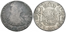 Carlos IV (1788-1808). 8 reales. 1797. Lima. IJ. (Cal-652). Ag. 26,92 g. BC/BC+. Est...35,00.