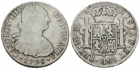 Carlos IV (1788-1808). 8 reales. 1798. Lima. IJ. (Cal-653). Ag. 26,37 g. BC-/BC. Est...45,00.