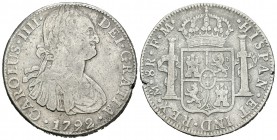 Carlos IV (1788-1808). 8 reales. 1792. México. FM. (Cal-685). Ag. 26,03 g. BC. Est...50,00.