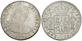 Carlos IV (1788-1808). 8 reales. 1798. México. FM. (Cal-692). Ag. 26,91 g. Pequeñas marcas en anverso. MBC+. Est...100,00.