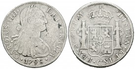Carlos IV (1788-1808). 8 reales. 1798. México. FM. (Cal-692). Ag. 26,02 g. Limpiada. BC+. Est...30,00.