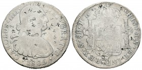 Carlos IV (1788-1808). 8 reales. 1805. México. TH. (Cal-703). Ag. 26,47 g. Resellos orientales. BC. Est...60,00.