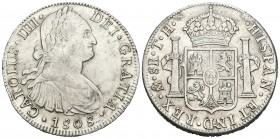 Carlos IV (1788-1808). 8 reales. 1808. México. TH. (Cal-709). Ag. 27,01 g. Suavemente limpiada. EBC-. Est...100,00.