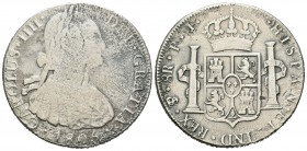 Carlos IV (1788-1808). 8 reales. 1805. Potosí. PJ. (Cal-729). Ag. 24,96 g. Oxidaciones. BC/BC+. Est...30,00.