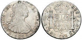 Carlos IV (1788-1808). 8 reales. 1808. Potosí. PJ. (Cal-732). Ag. 27,02 g. MBC+. Est...75,00.