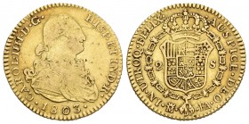 Carlos IV (1788-1808). 2 escudos. 1803. Madrid. FA. (Cal-345). Au. 6,68 g. BC+/MBC-. Est...200,00.