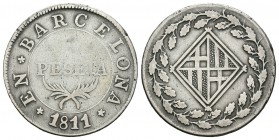 José Napoleón (1808-1814). 1 peseta. 1811. Barcelona. (Cal-47). Ag. 5,03 g. BC+/MBC-. Est...50,00.