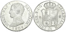 José Napoleón (1808-1814). 8 reales. 1809. Madrid. IG. (Cal-33). Ag. 27,04 g. Restos de brillo original. Escasa. EBC+. Est...450,00.