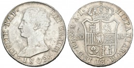 José Napoleón (1808-1814). 20 reales. 1809. Madrid. AI. (Cal-24). Ag. 26,85 g. Suavemente limpiada. MBC+. Est...300,00.