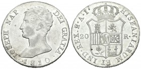 José Napoleón (1808-1814). 20 reales. 1810. Madrid. AI. (Cal-25). Ag. 26,82 g. Águila grande. EBC. Est...525,00.