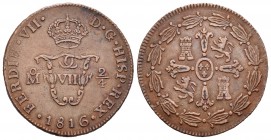 Fernando VII (1808-1833). 2 quartos. 1816. México. (Cal-1621). Ae. 7,04 g. MBC+. Est...90,00.